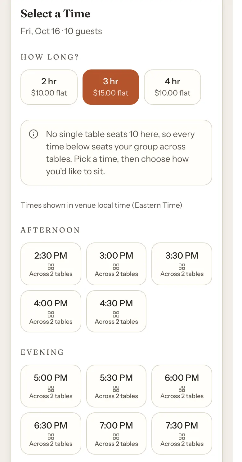 The Select a Time step on a phone for a Private Party of 10: under How long?, a note says no single table seats 10 here, so every time below seats the group across tables, and every start time shows Across 2 tables.