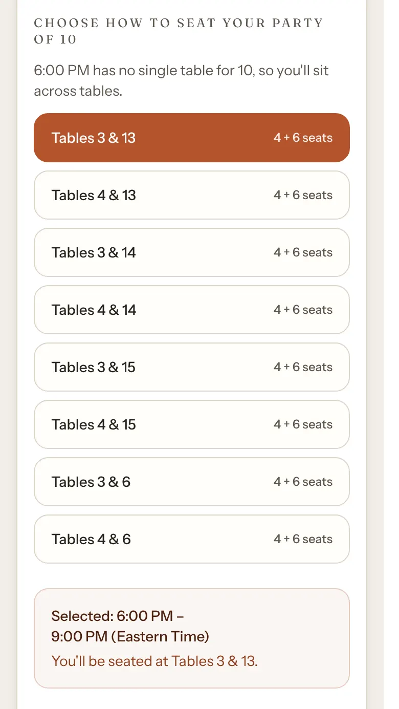 Choose how to seat your party of 10, after picking 6:00 PM: eight options such as Tables 3 & 13 and Tables 4 & 13, each 4 + 6 seats, with the first chosen. The summary says You'll be seated at Tables 3 & 13.