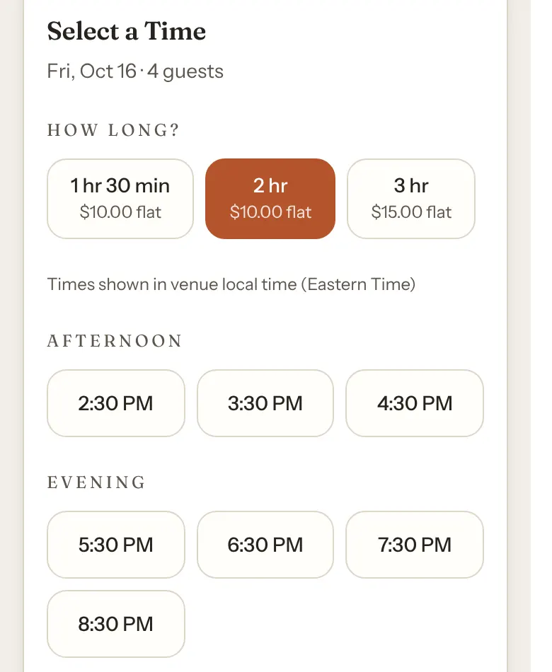 The Select a Time step on a phone for 4 guests on Friday, October 16: How long? with 1 hr 30 min, 2 hr and 3 hr, each with its price, and 2 hr chosen, then the afternoon and evening start times.
