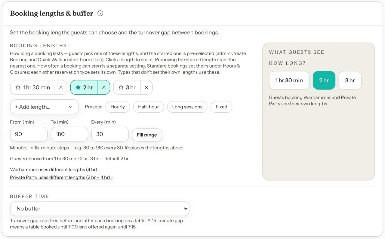 The Booking lengths & buffer card. Under Booking lengths, chips for 1 hr 30 min, 2 hr and 3 hr with 2 hr starred, the Add length menu, the Hourly, Half-hour, Long sessions and Fixed presets, and the From, To and Every boxes with Fill range. The line Guests choose from 1 hr 30 min, 2 hr, 3 hr, default 2 hr, then links for Warhammer and Private Party, which use different lengths. On the right, What guests see shows the How long? picker. Under Buffer Time, No buffer is chosen.