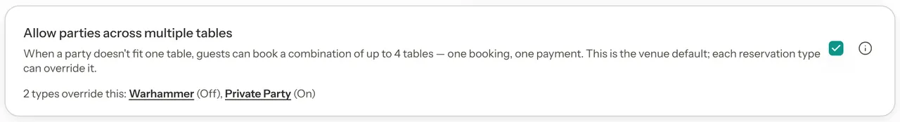 The Allow parties across multiple tables card, ticked, with the line 2 types override this: Warhammer (Off), Private Party (On).