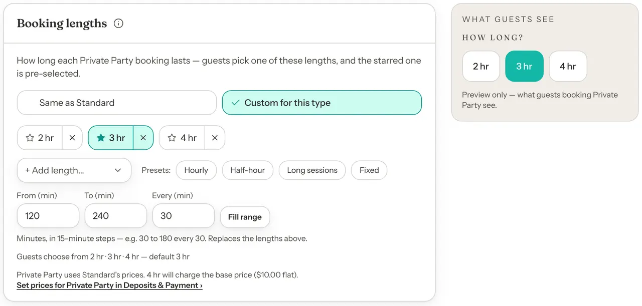 The Booking lengths card while editing Private Party: Custom for this type is chosen, with chips for 2 hr, 3 hr and 4 hr and 3 hr starred, and the line Guests choose from 2 hr, 3 hr, 4 hr, default 3 hr. What guests see shows the same three lengths.