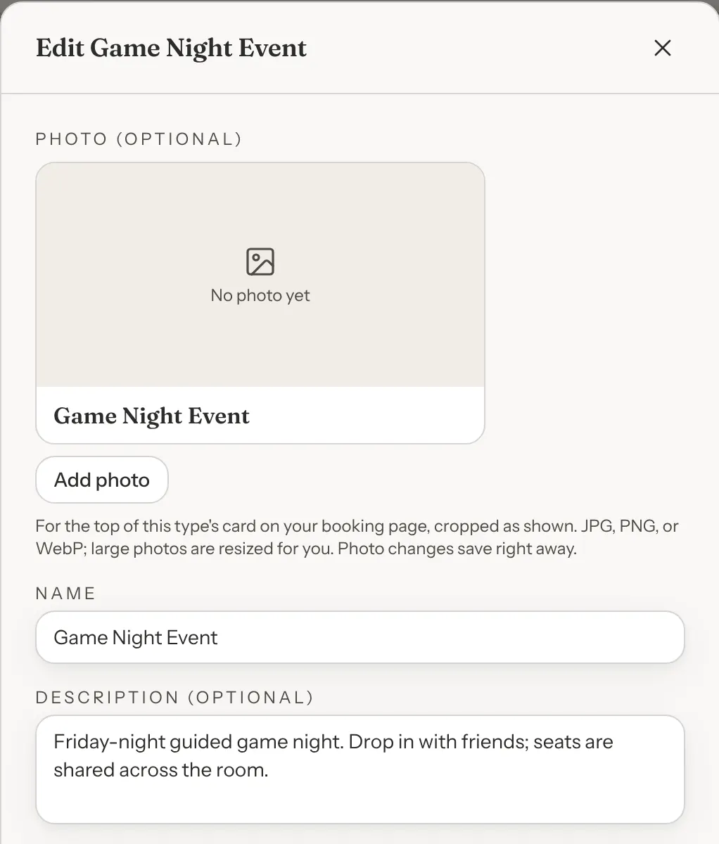 The Edit Game Night Event dialog. At the top, a photo preview reads No photo yet above the type's name, with an Add photo button under it, then the Name and Description fields.