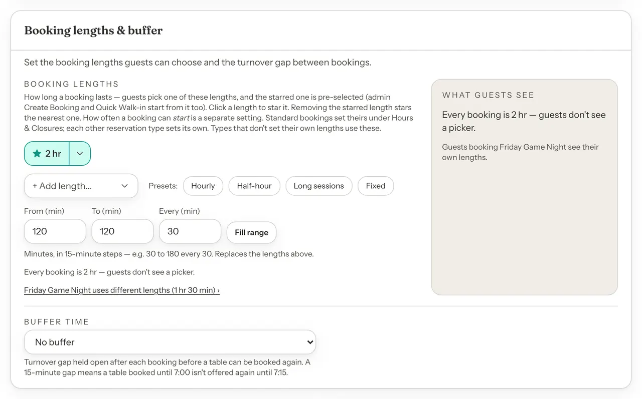 Standard's Booking lengths & buffer card with a link under the lengths reading Friday Game Night uses different lengths (1 hr 30 min), and a What guests see preview.