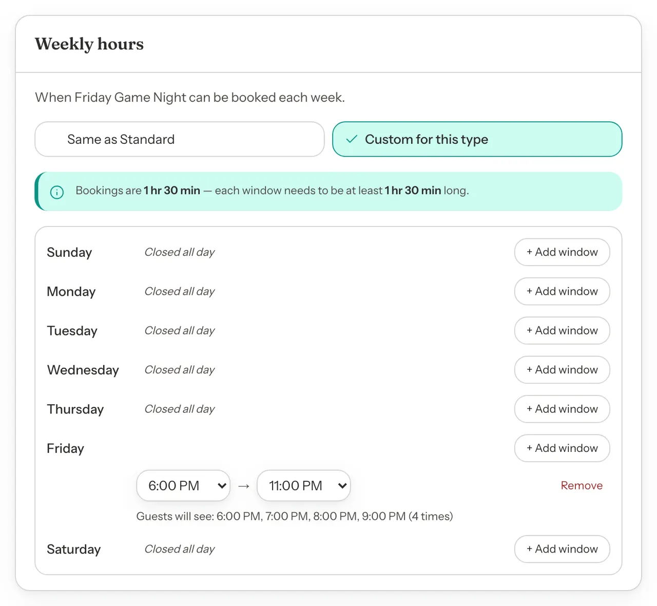 Weekly hours for Friday Game Night set to Custom for this type: closed all day except Friday from 6:00 PM to 11:00 PM, with a line reading Guests will see 6:00 PM, 7:00 PM, 8:00 PM, 9:00 PM.