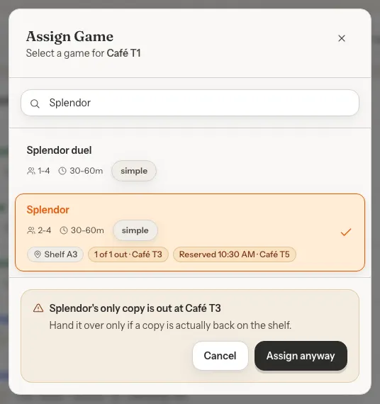 A warning inside the Assign Game window saying Splendor's only copy is out at Café T3, with Cancel and Assign anyway buttons.