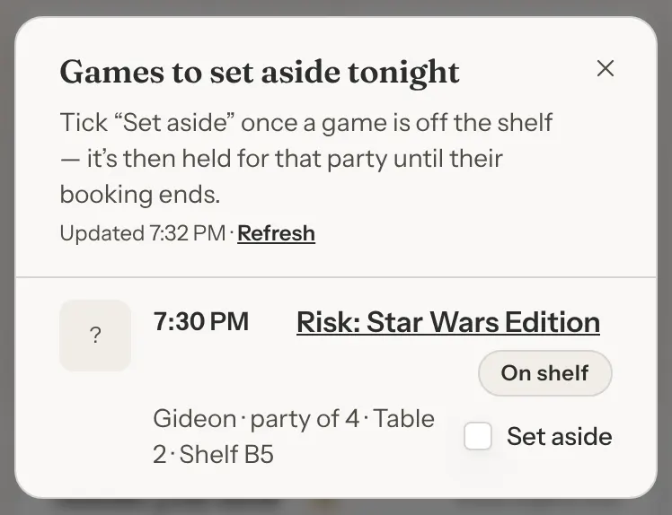 The Games to set aside tonight list on a phone, with one 7:30 PM reservation, its game marked On shelf, and a Set aside tick box.