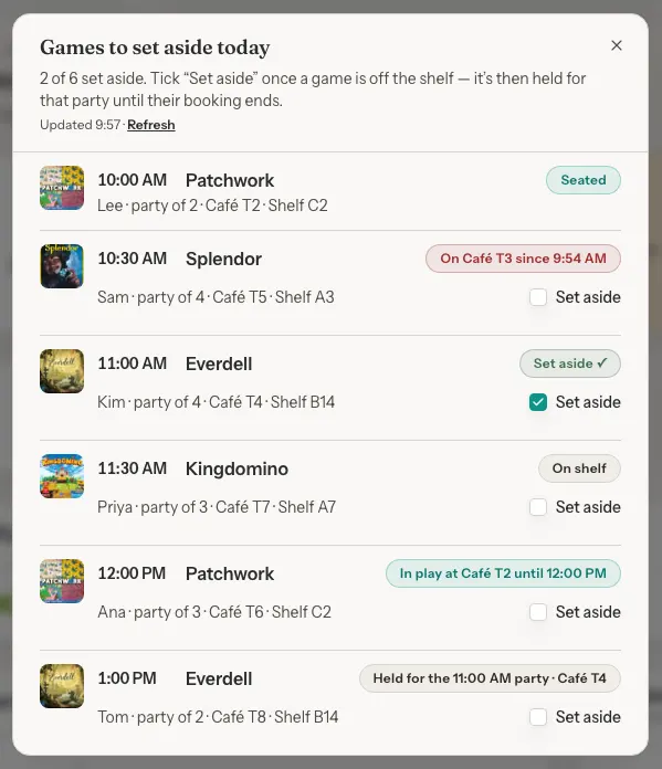 The Games to set aside today list with rows showing time, game cover and title, party, table, shelf, a status and a Set aside tick box.