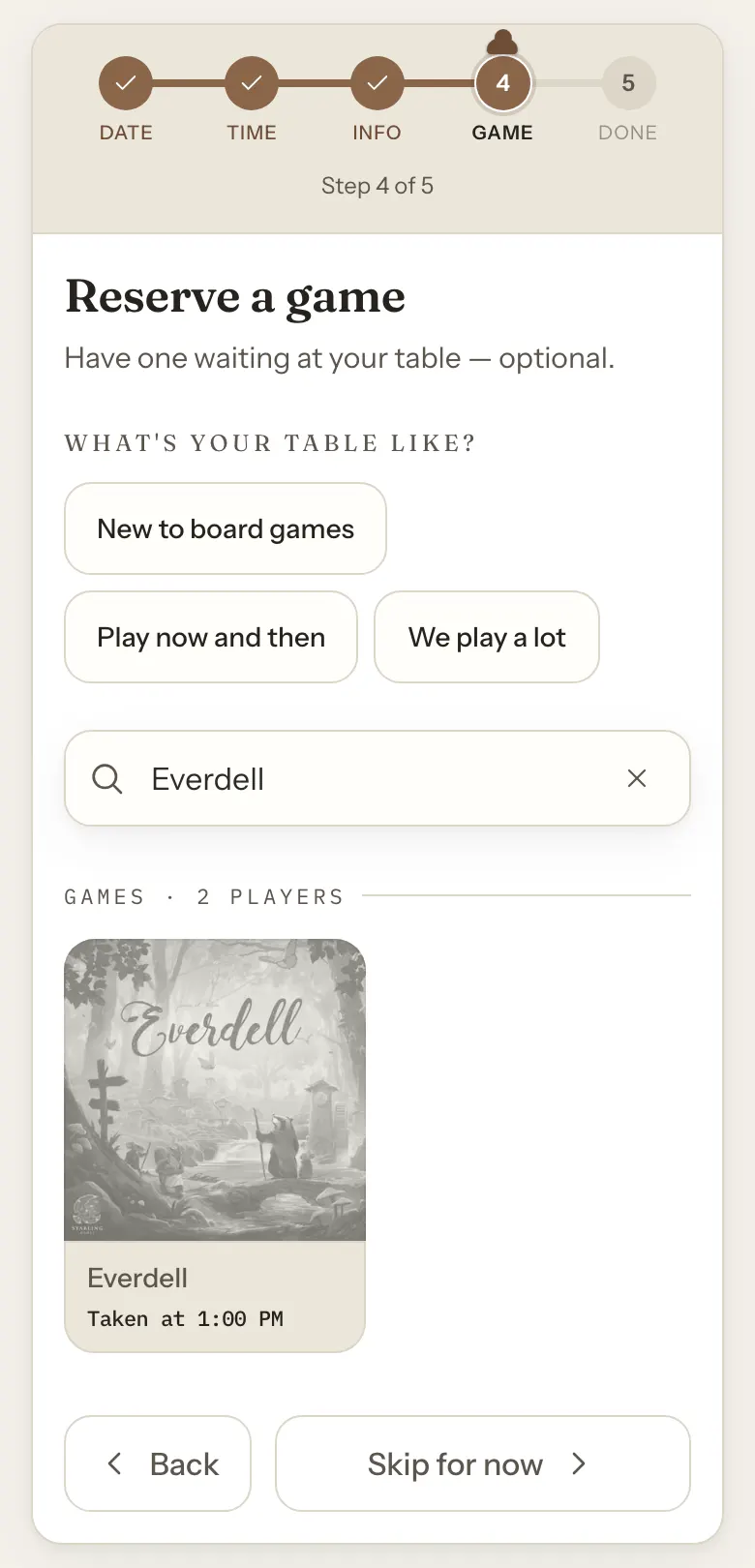 The online booking's Reserve a game step with Everdell greyed out and marked Taken at 1:00 PM.
