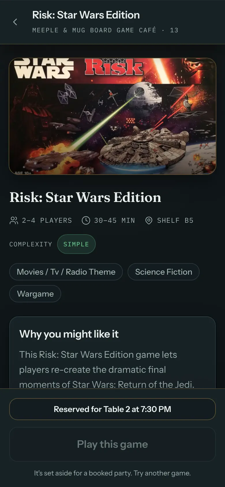 A table's game page for Risk: Star Wars Edition showing Reserved for Table 2 at 7:30 PM, with Play this game turned off.