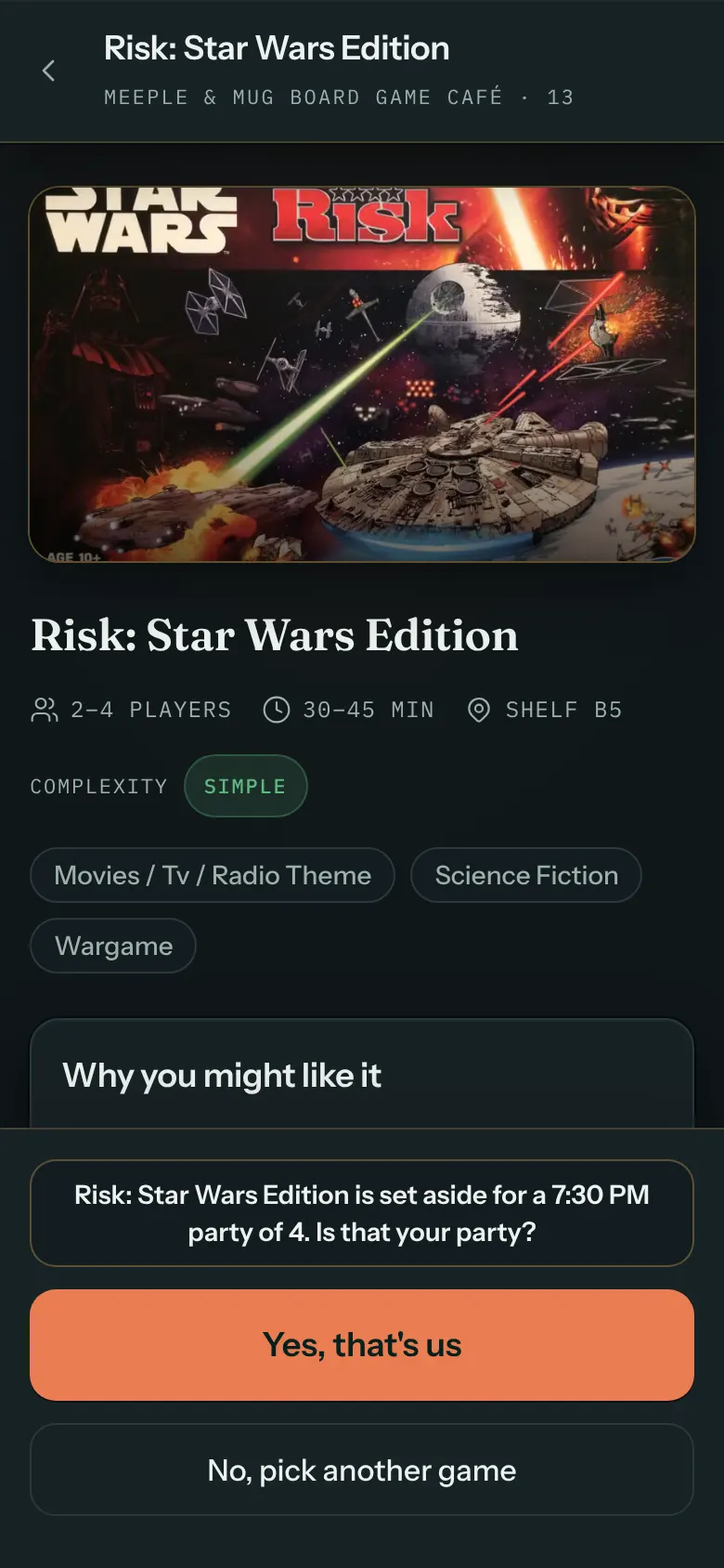 A table's game page for Risk: Star Wars Edition asking whether it is set aside for a 7:30 PM party of 4, with Yes, that's us and No, pick another game buttons.