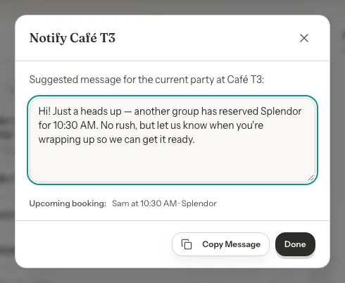 The Notify window with a suggested message saying another group has reserved the game, and a Copy Message button.