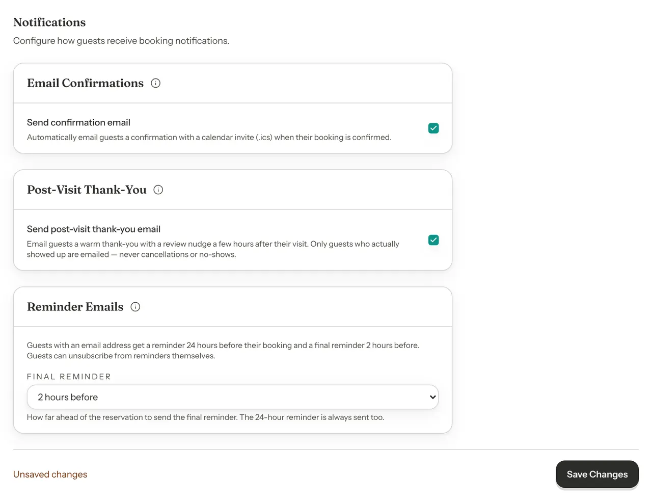 The Notifications settings with three cards: Email Confirmations with Send confirmation email ticked, Post-Visit Thank-You with Send post-visit thank-you email ticked, and Reminder Emails, which says guests get a reminder 24 hours before and a final reminder 2 hours before, with a Final reminder dropdown set to 2 hours before. A Save Changes button is at the bottom.