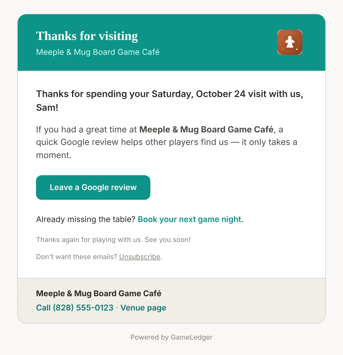 A post-visit email headed Thanks for visiting, reading Thanks for spending your Saturday, October 24 visit with us, Sam!, a Leave a Google review button, an Already missing the table? Book your next game night link and an Unsubscribe link.