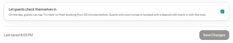 The Booking Rules setting Let guests check themselves in, ticked, with its description.