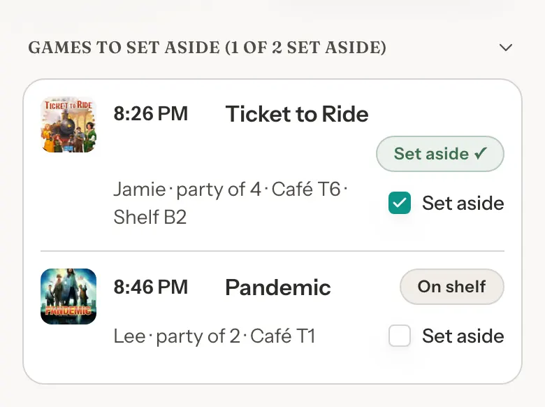 The Games to set aside group at 1 of 2 set aside, with Ticket to Ride ticked and Pandemic still on the shelf.