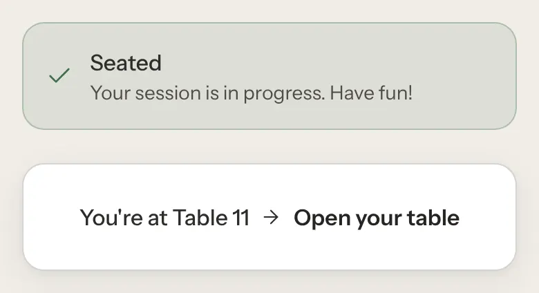 A guest's booking page after being seated, with a Seated banner and a card reading You're at Table 11 with an Open your table link.