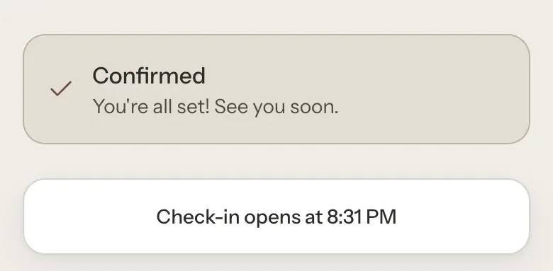 A guest's booking page before the window opens, with a Confirmed banner and a card reading Check-in opens at 8:31 PM.