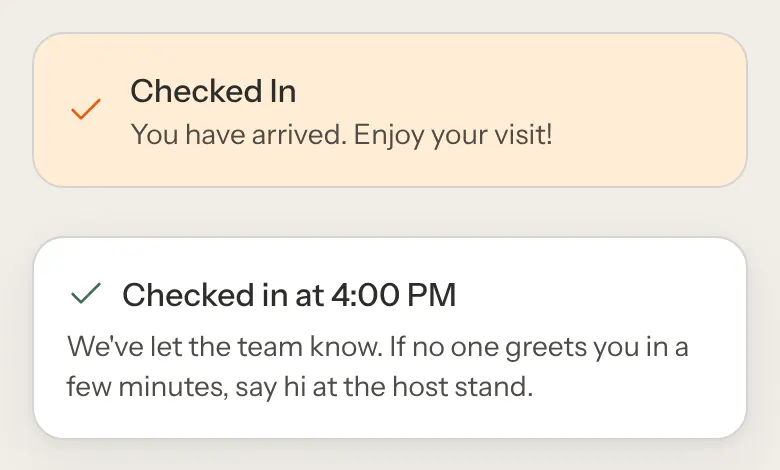 A guest's booking page after checking in, with a Checked In banner and a card reading Checked in at 4:00 PM and We've let the team know.