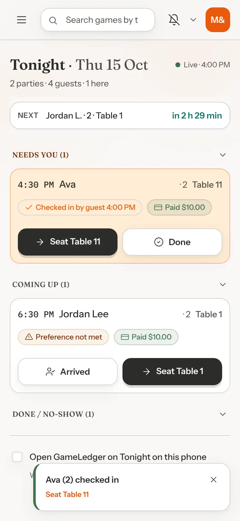 Tonight showing the message Ava (2) checked in with a Seat Table 11 button, and Ava in Needs you labelled Checked in by guest 4:00 PM.