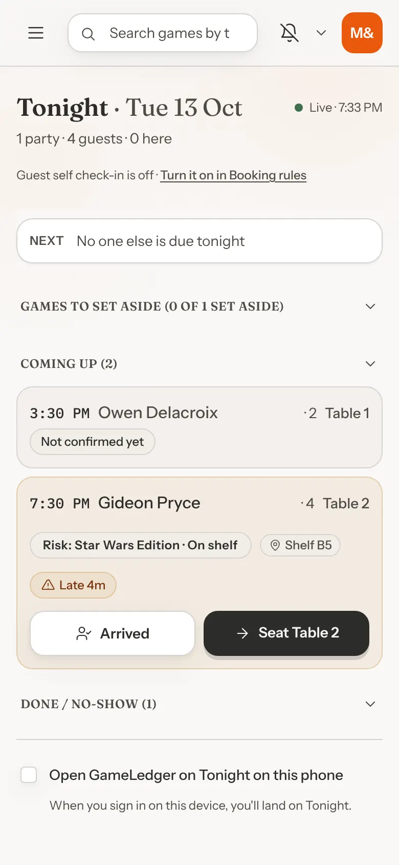 Tonight on a phone: the header with the date, Live status and counts, the Next strip, the Games to set aside group, and the Coming up group with two parties, one running late.