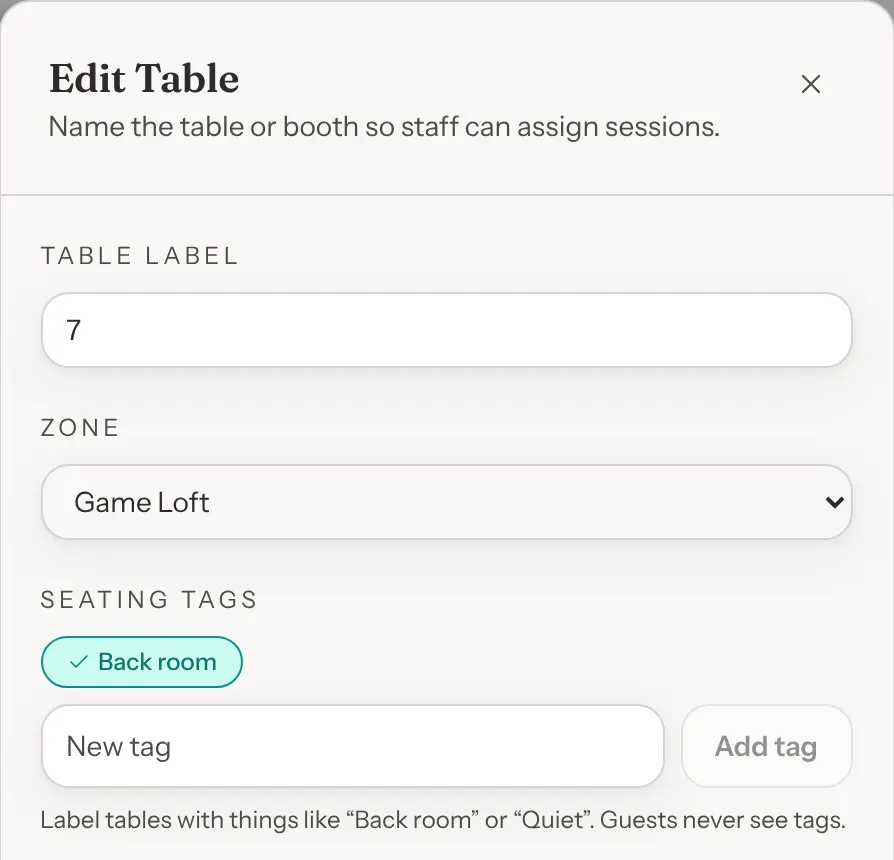 The Edit Table window for table 7 in the Game Loft zone. Under Seating tags, a ticked Back room chip, a New tag box and an Add tag button, with the line Label tables with things like Back room or Quiet. Guests never see tags.