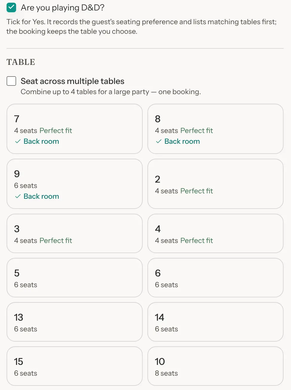 New Booking with Are you playing D&D? ticked. Tables 7, 8 and 9 come first, each marked with a tick and Back room, then 2, 3, 4 and the rest.