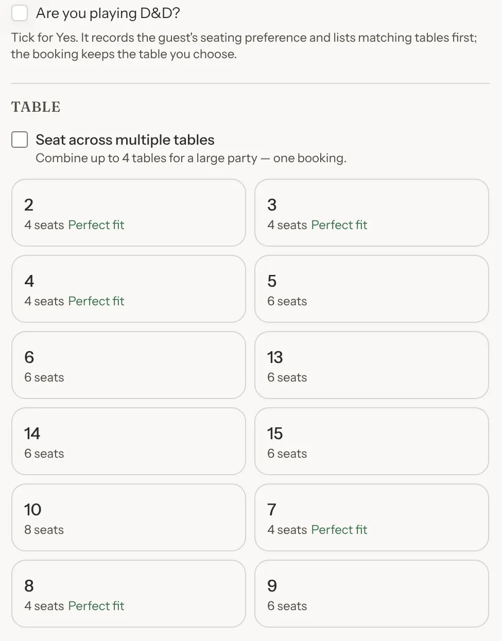 New Booking with Are you playing D&D? unticked. The tables run 2, 3, 4, 5, 6, 13, 14, 15 and 10, with the Back room tables 7, 8 and 9 last.