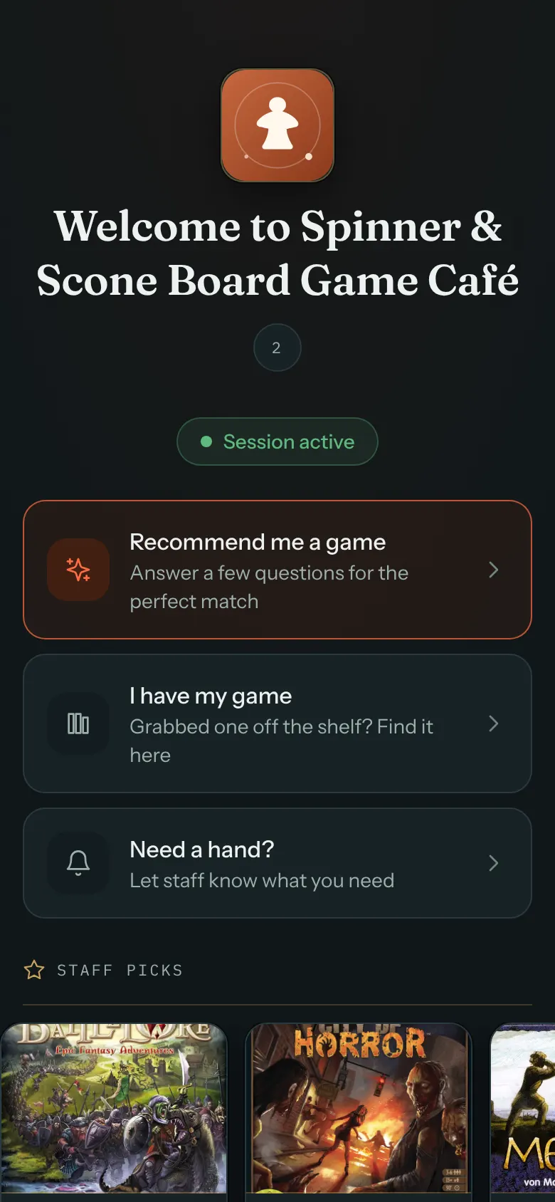 A phone showing a table page with a green Session active label, then the rows Recommend me a game, I have my game and Need a hand?.