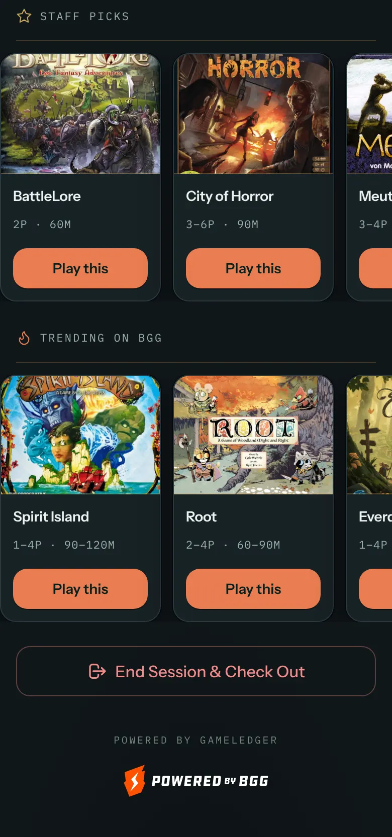 Further down a table page during a session: a Staff Picks row and a Trending on BGG row of game covers, the End Session & Check Out button, and at the bottom Powered by GameLedger and the Powered by BGG logo.