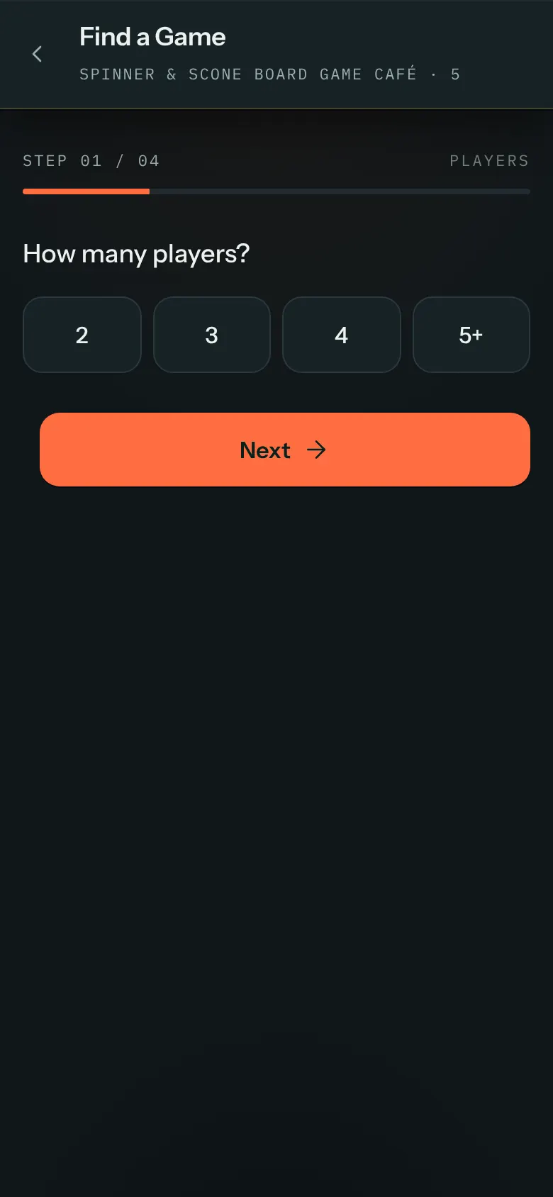 A phone showing Find a Game, Step 01 / 04, the question How many players? with the answers 2, 3, 4 and 5 plus, and a Next button.