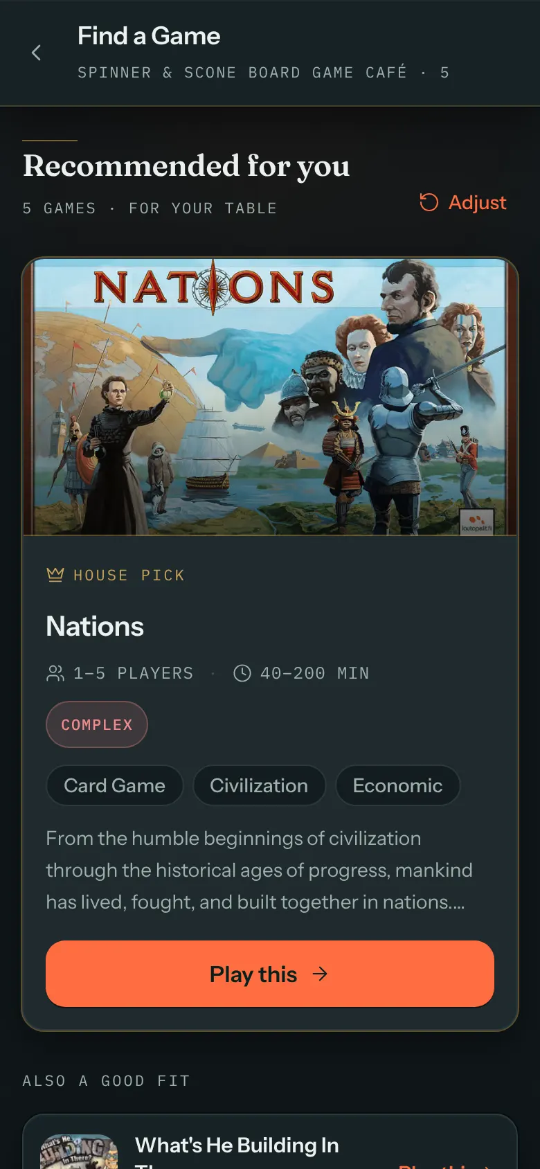 A phone showing Recommended for you, a large card for the top game, and a list headed Also a good fit with more games below.