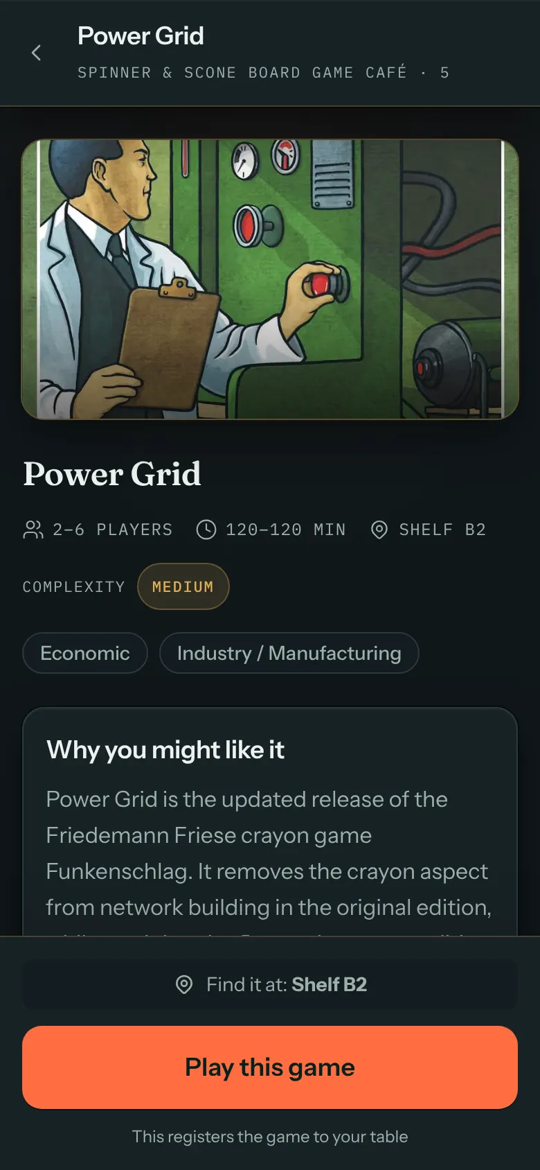 A phone showing a game's page with its cover, the number of players and minutes, a complexity label, the shelf it sits on, and a Play this game button fixed at the bottom.