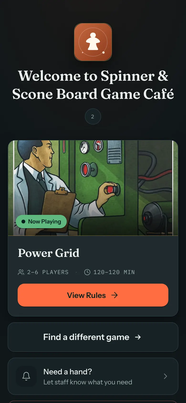 A phone showing a table page with a game cover marked Now Playing, the game's name, players and minutes, and the buttons View Rules, Find a different game and Need a hand?.