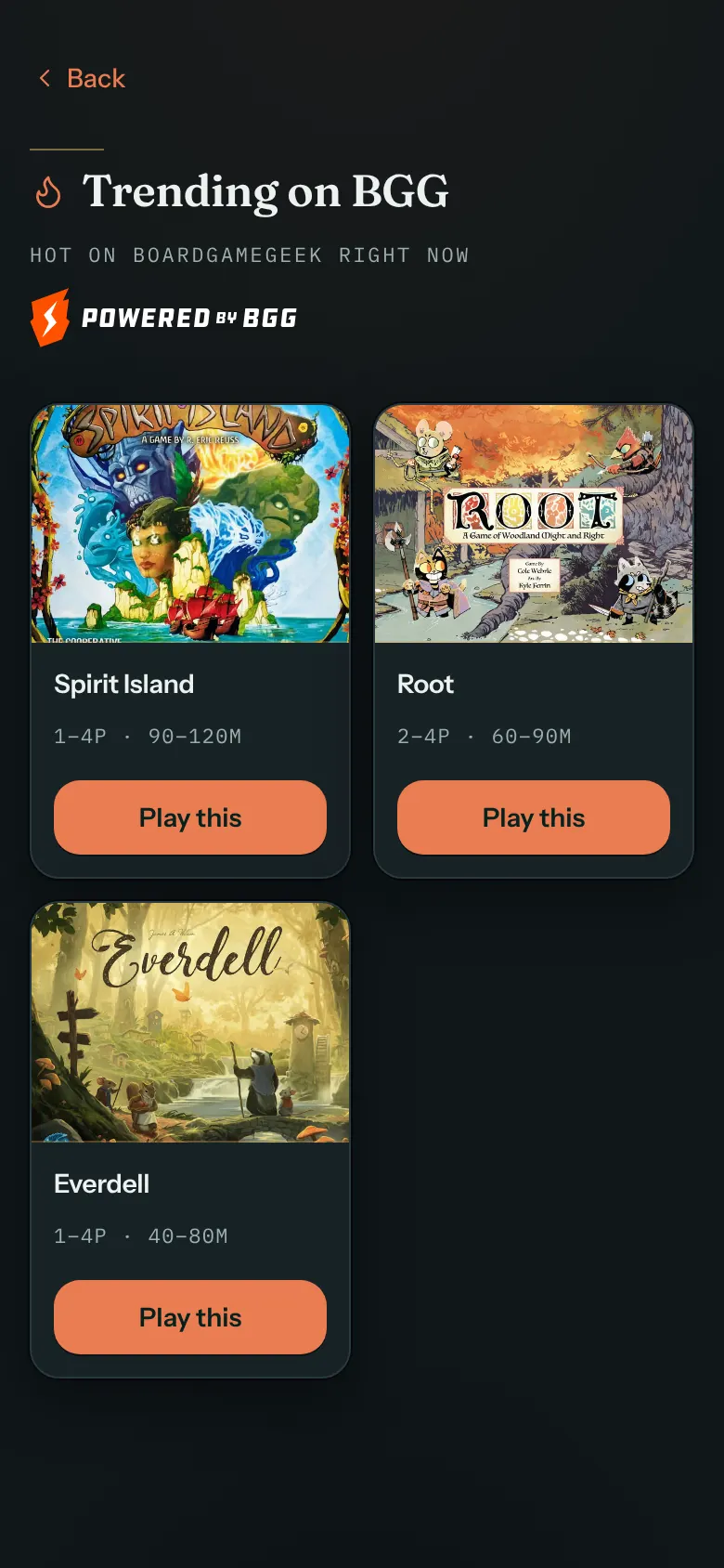 A phone showing Trending on BGG, the line Hot on BoardGameGeek right now, the Powered by BGG logo, and a grid of game covers from the café's library.