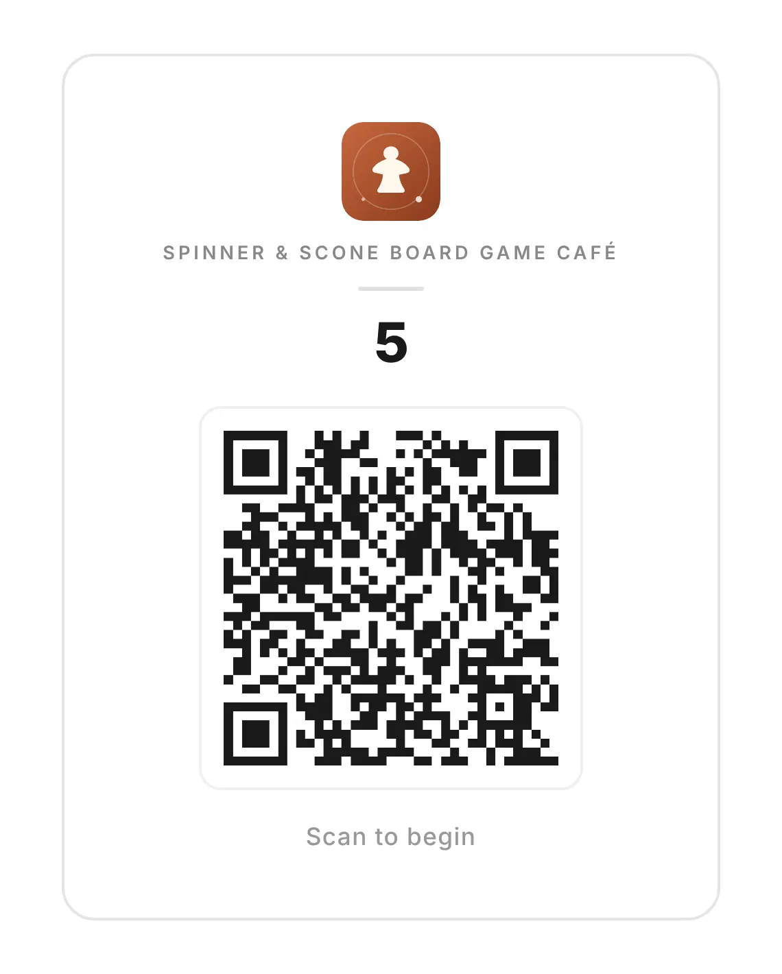 A printed card on a white page: the café's logo, the venue name in small capitals, a large 5 for the table, a square QR code, and the words Scan to begin.
