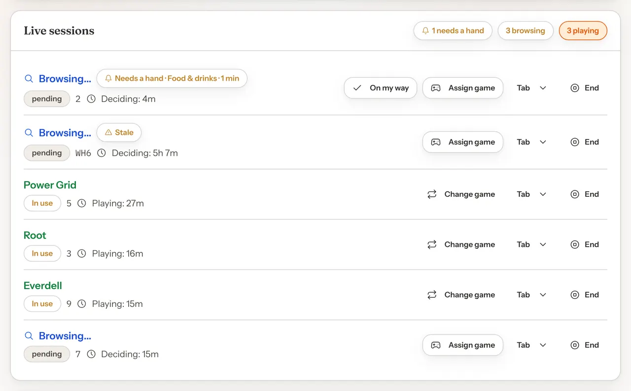 The Live sessions list on the Sessions page, showing tables browsing, tables playing named games, and table 2, which asked for food and drinks, with an On my way button.
