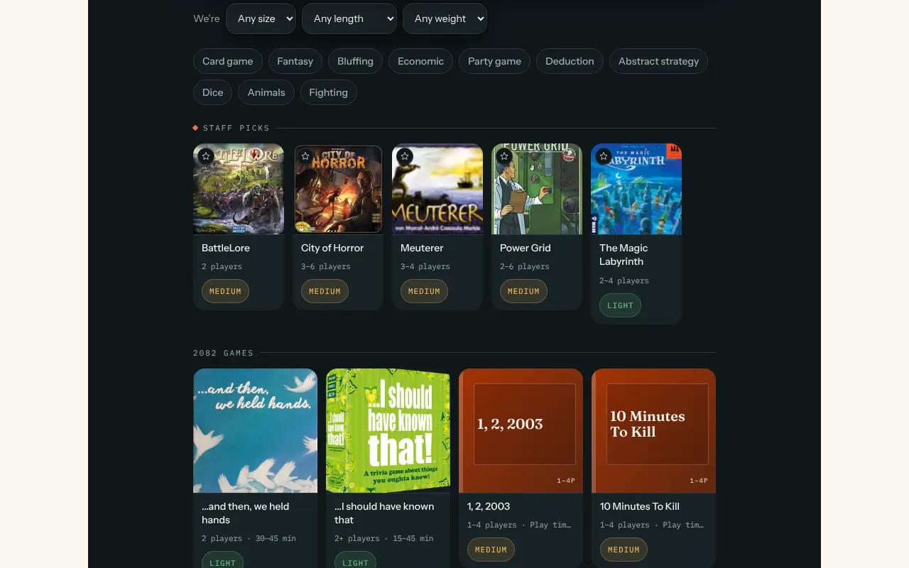 A dark game list inside a café's web page: Any size, Any length and Any weight filters, mood chips, a Staff picks row of five games, then the first of 2082 games with player counts and weight badges.