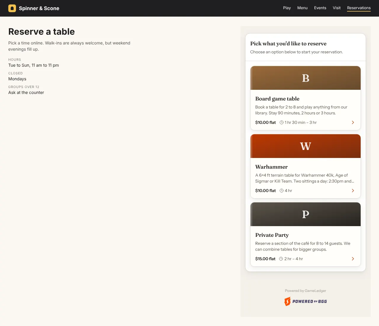 A Reservations page on a café website. Opening hours are on the left and the booking form sits in a column on the right, starting with three reservation types.