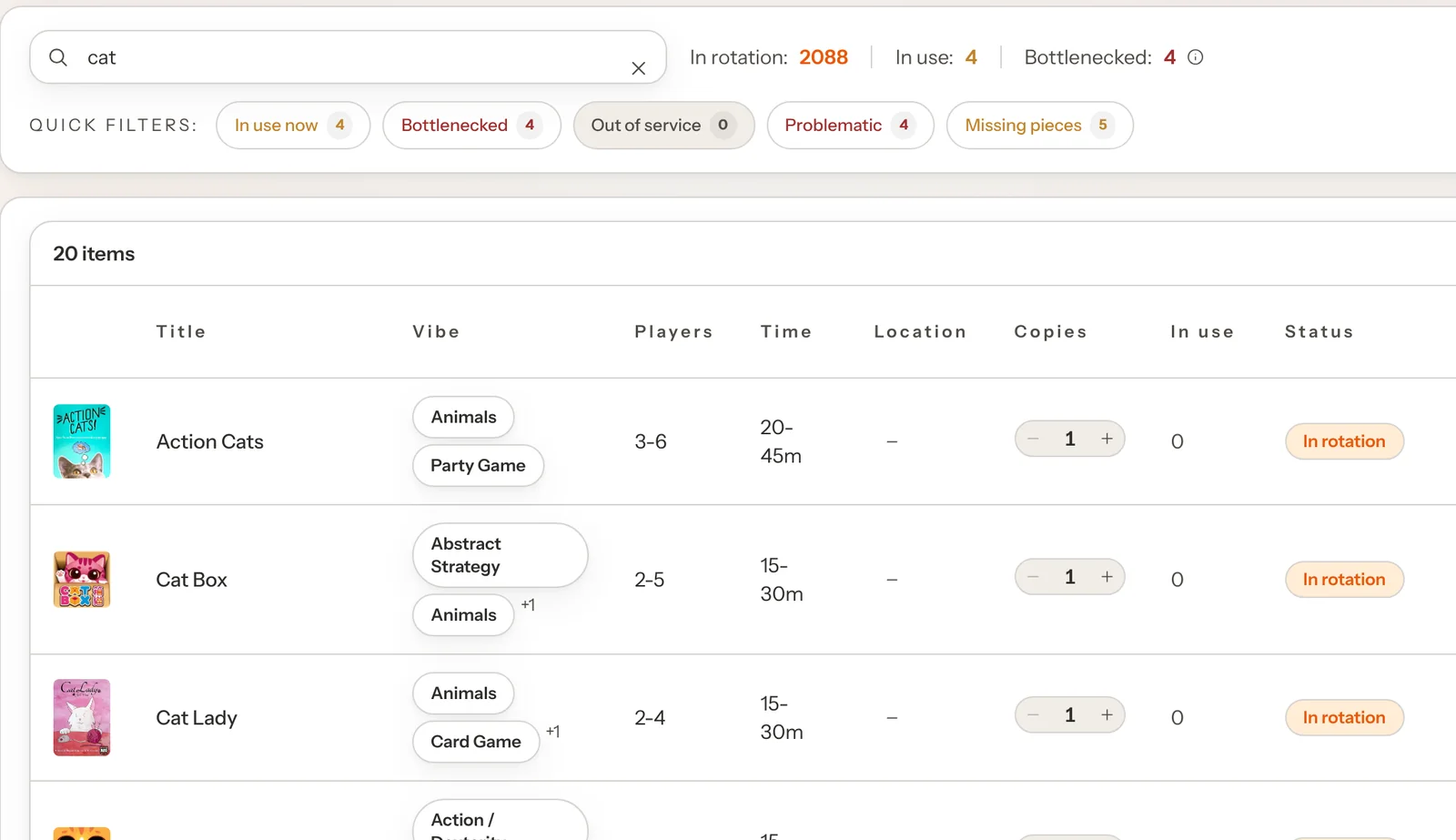 The Library page searched for cat: quick filters for games in use, bottlenecked or missing pieces, and a list of games with box art, players, play time, copies and how many are in use.