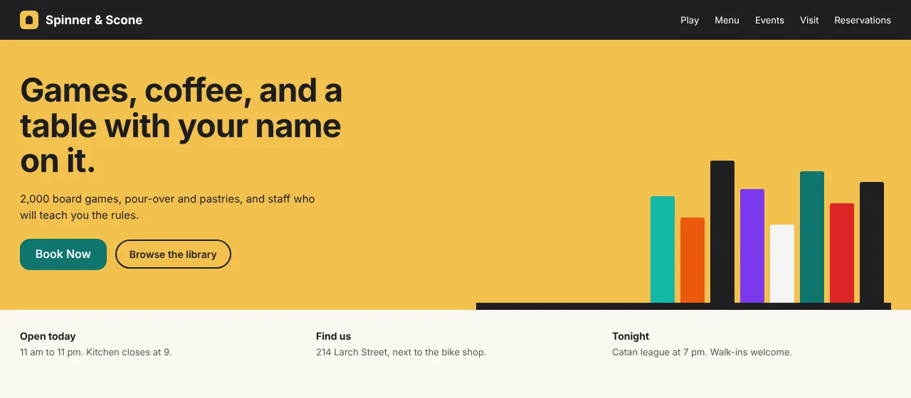 A café's own website with a Book Now button that opens GameLedger's booking form.