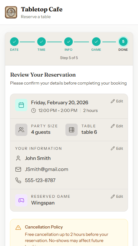 GameLedger booking confirmation screen with reservation details, QR code, and calendar add option for board game café visits