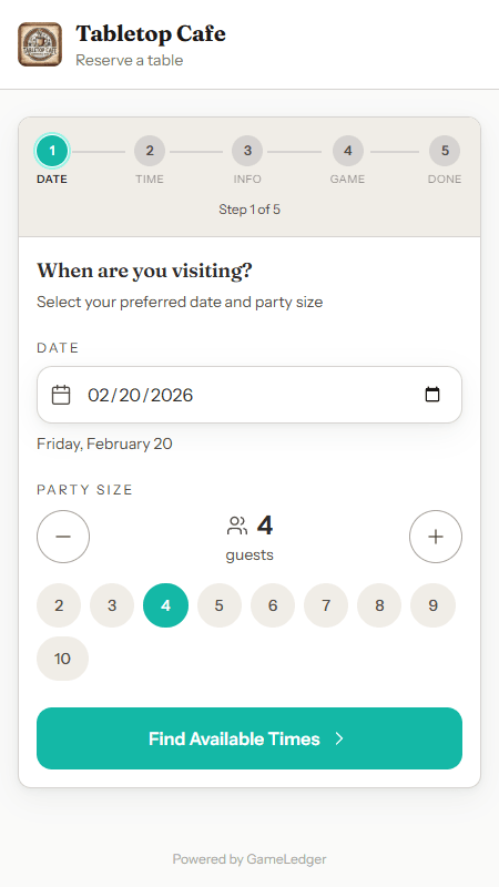 GameLedger guest booking flow showing date and time selection for board game café reservations