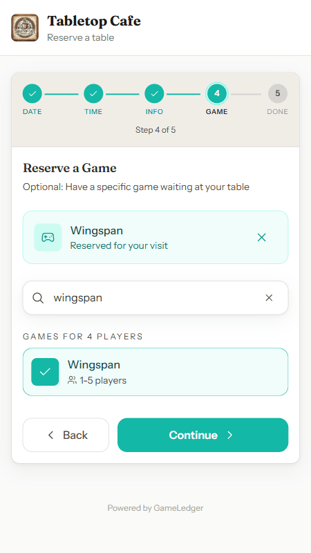GameLedger game reservation option allowing guests to reserve specific board games before arriving at the café