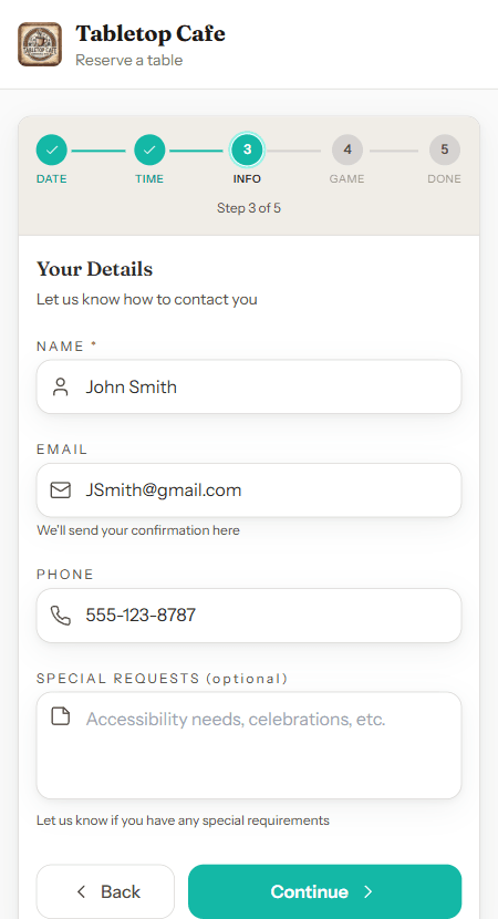 GameLedger guest details form where visitors enter their name, group size, and contact information for a board game café booking