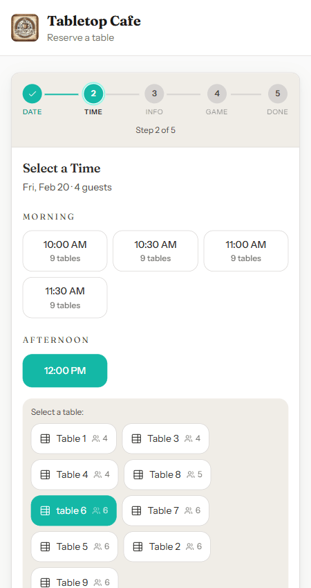 GameLedger table selection screen where guests choose their preferred seating at a board game café