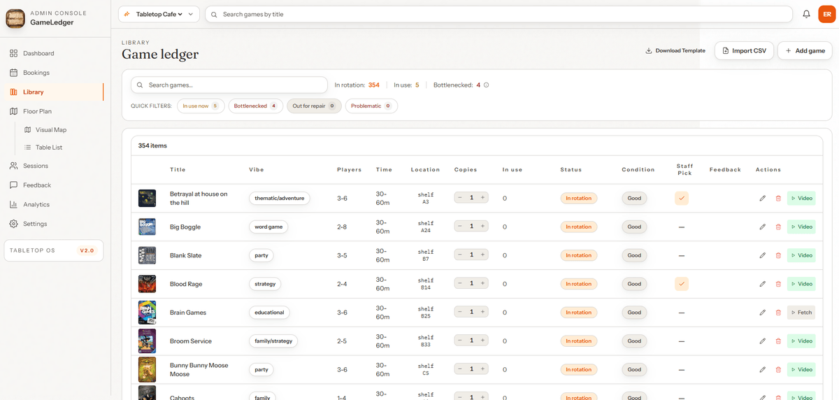 GameLedger board game inventory management with BGG integration, condition tracking, and copy-level asset management