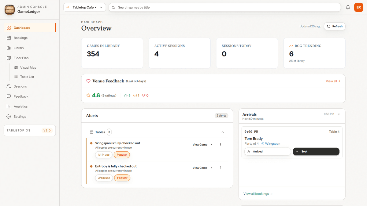 GameLedger admin dashboard overview showing live table status, active sessions, and key metrics for board game café management