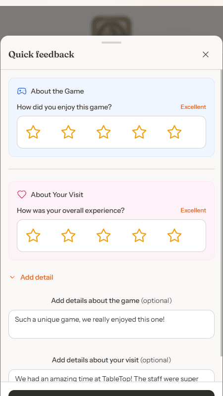 GameLedger post-session feedback form where guests rate their board game experience and report any issues