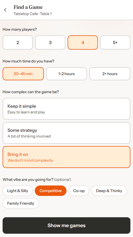 GameLedger BGG-powered game recommendation wizard helping guests pick the perfect board game based on player count, time, and preferences